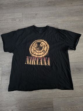 NIRVANA Black Tee with Orange Smiley and Gradient Logo